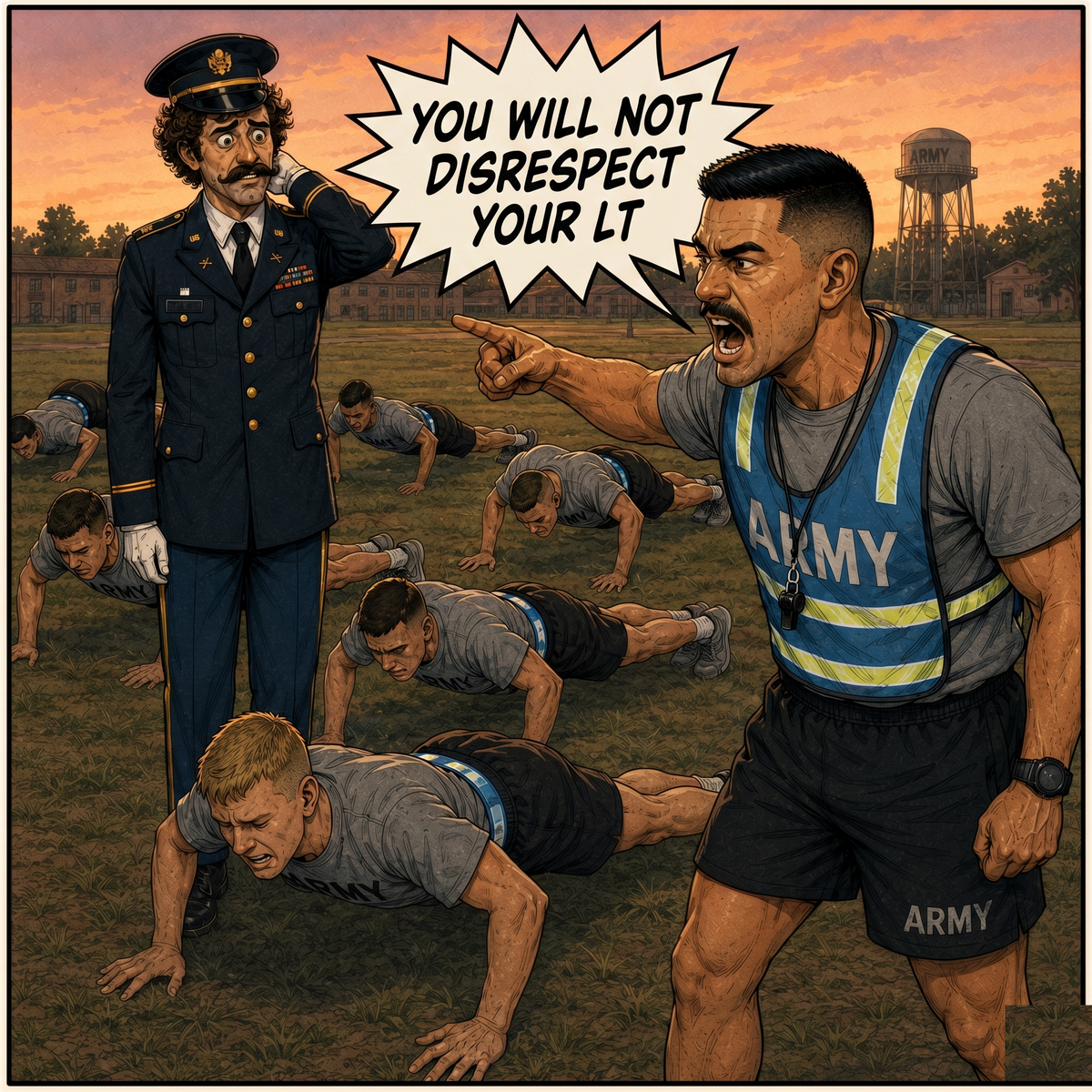 On the PT field, Murillo yells YOU WILL NOT DISRESPECT YOUR LT while Lt Droppings stands at attention.